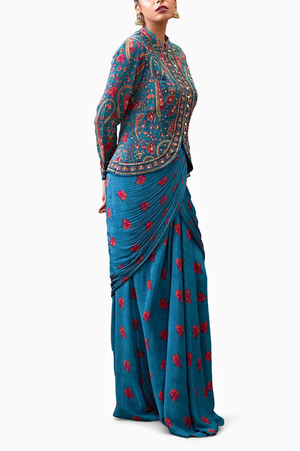 Qala Printed Drape Skirt With Embroidered Top