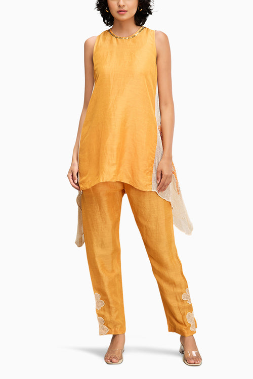 Orange Zinnia Applique Asymmetric Kurta Set