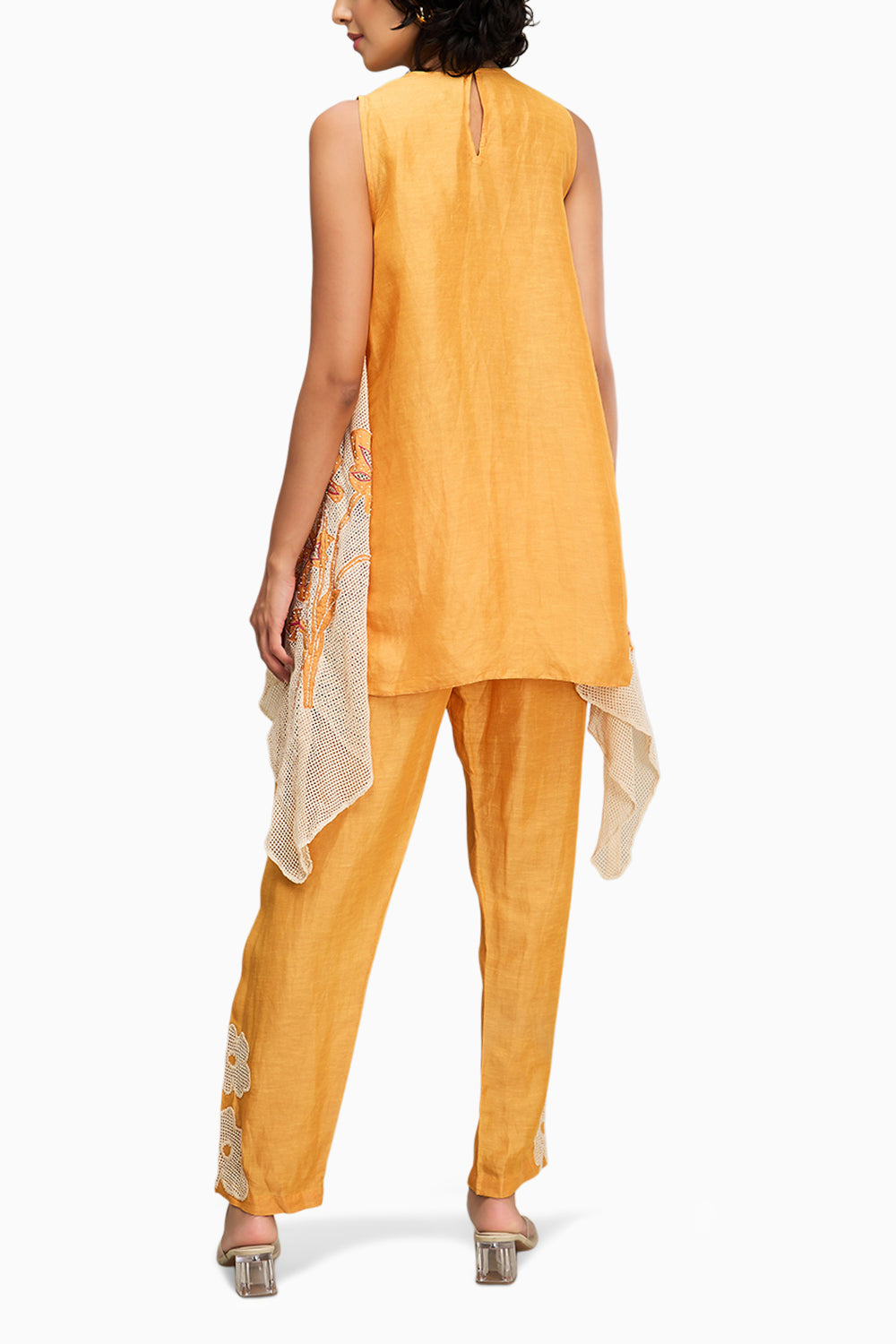 Orange Zinnia Applique Asymmetric Kurta Set