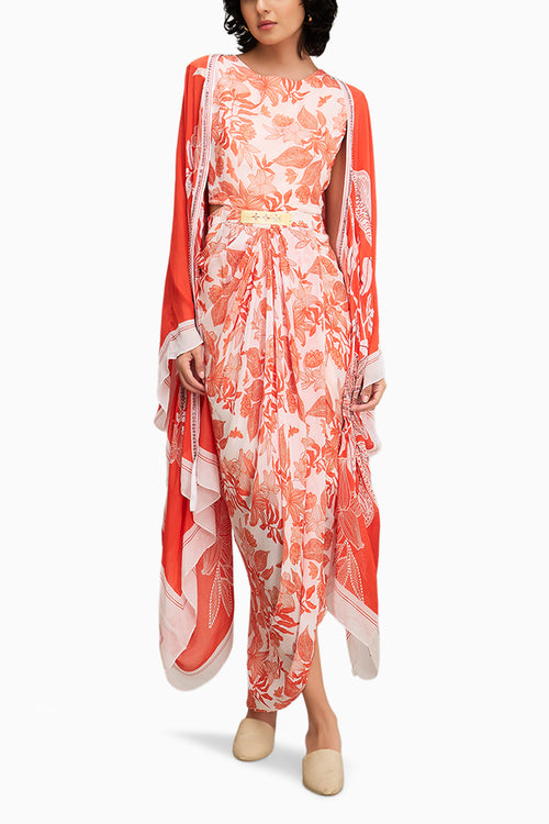 Ahyana Printed Drape Dress With Cape