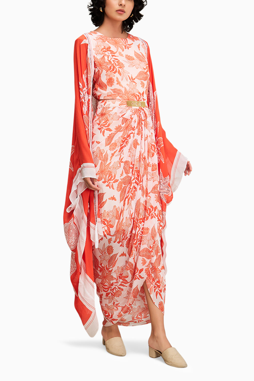 Ahyana Printed Drape Dress With Cape