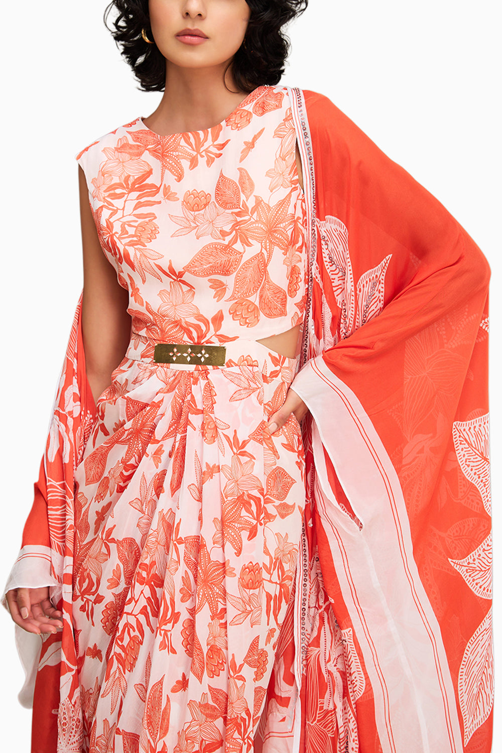 Ahyana Printed Drape Dress With Cape