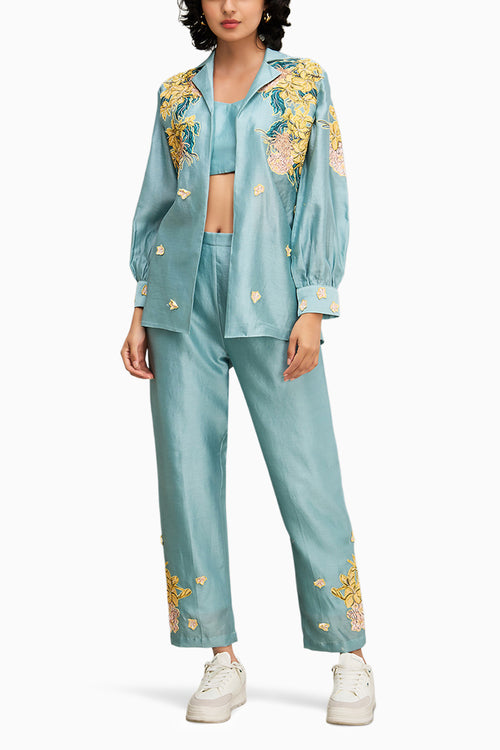 Blue Zinnia Applique Co Ord Set With Jacket