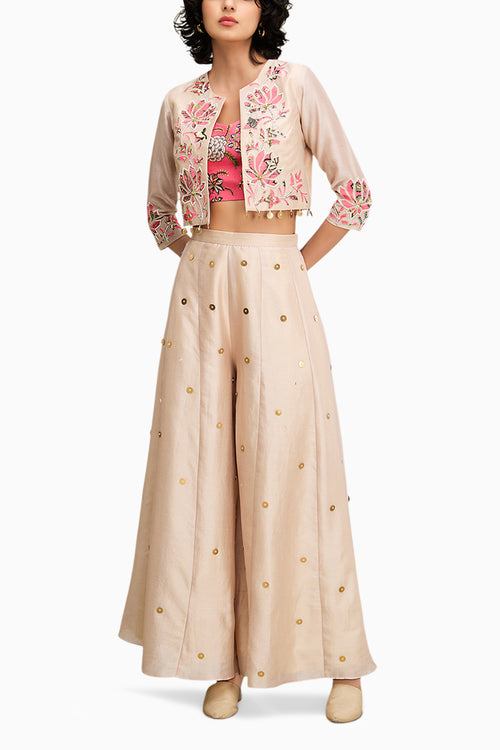 Beige Mehr Applique Palazzo Set With Jacket