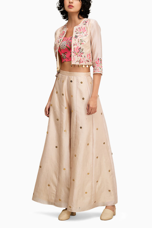 Beige Mehr Applique Palazzo Set With Jacket