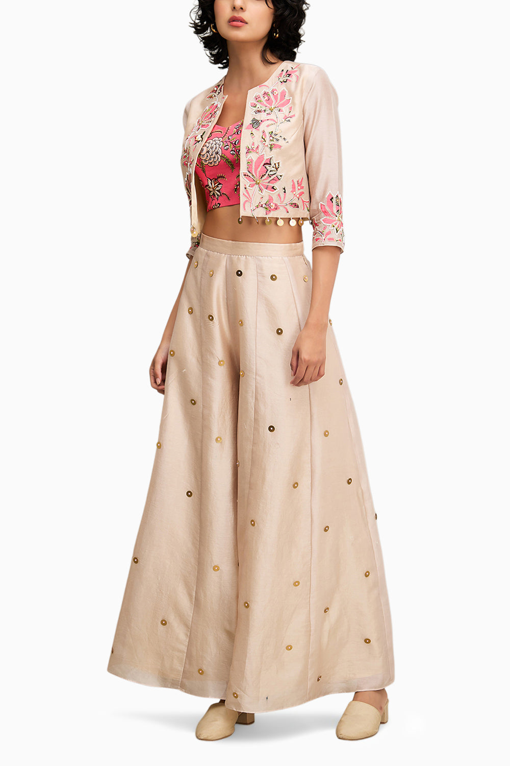 Beige Mehr Applique Palazzo Set With Jacket