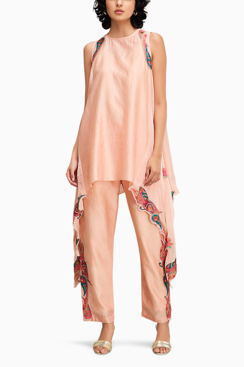 Peach Qala Applique Asymmetric Kurta Set