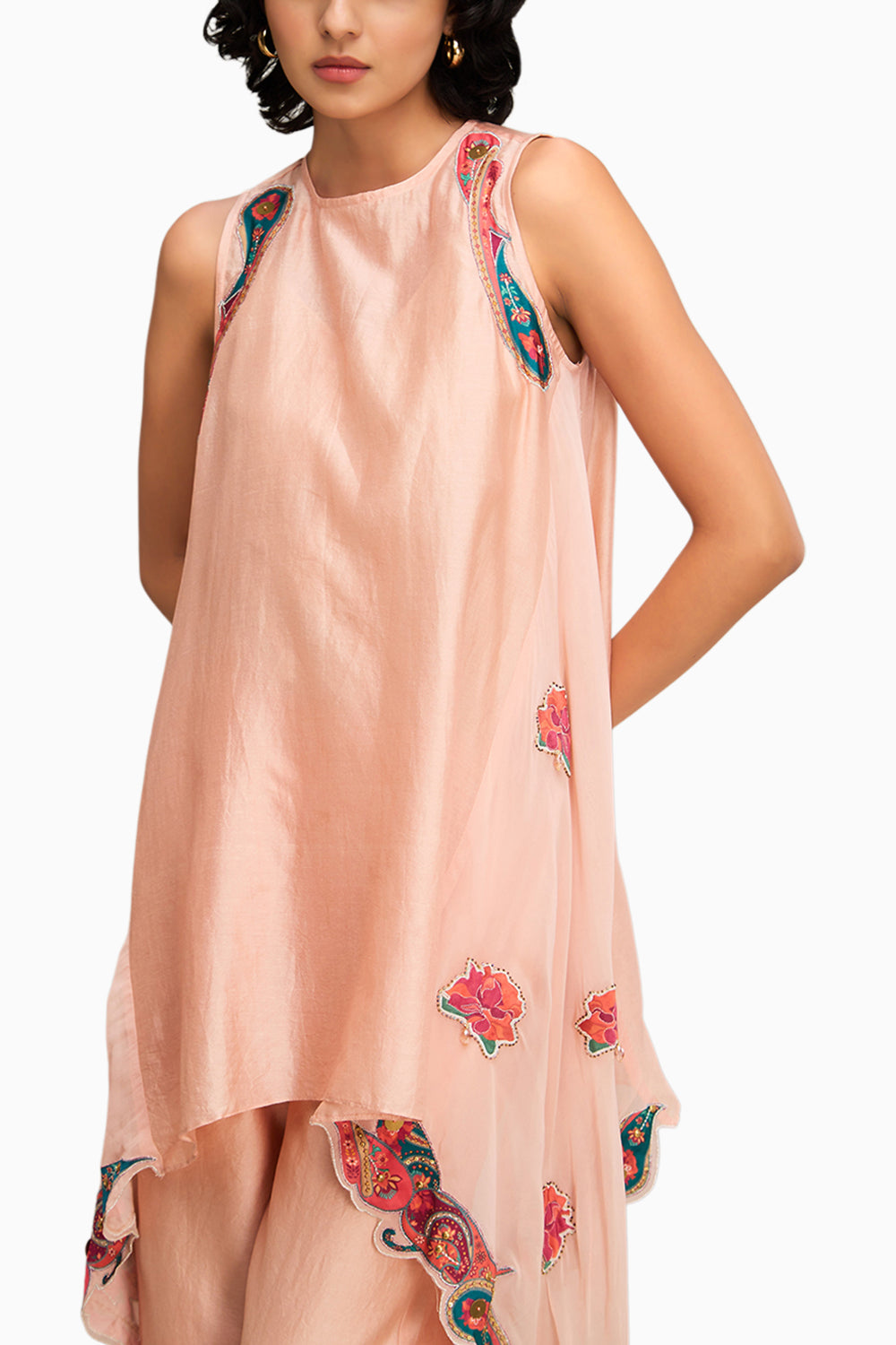 Peach Qala Applique Asymmetric Kurta Set