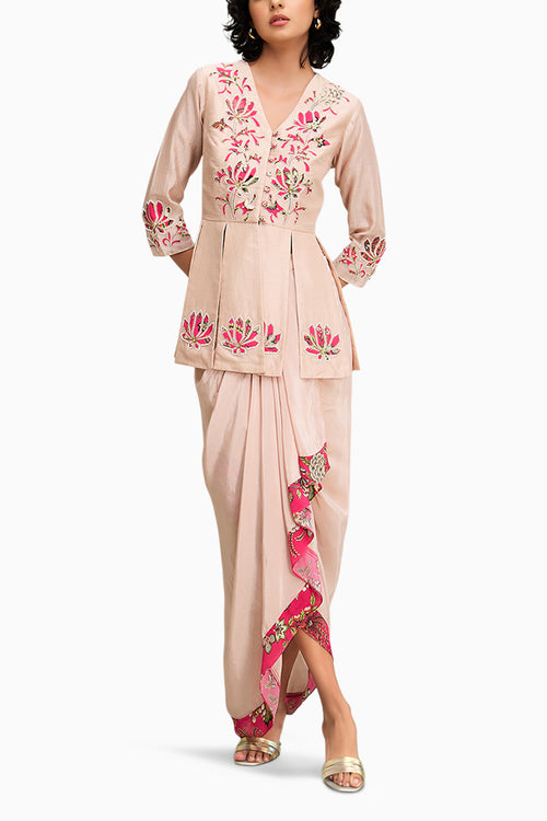 Pink Mehr Applique Paneled Top With Drape Skirt