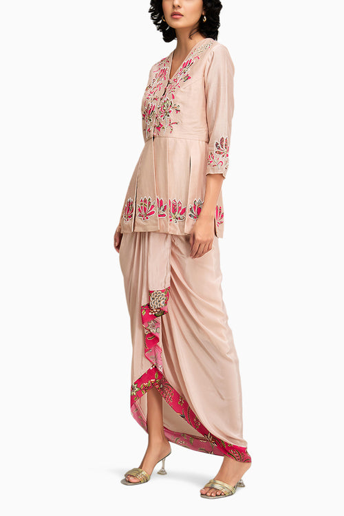 Pink Mehr Applique Paneled Top With Drape Skirt
