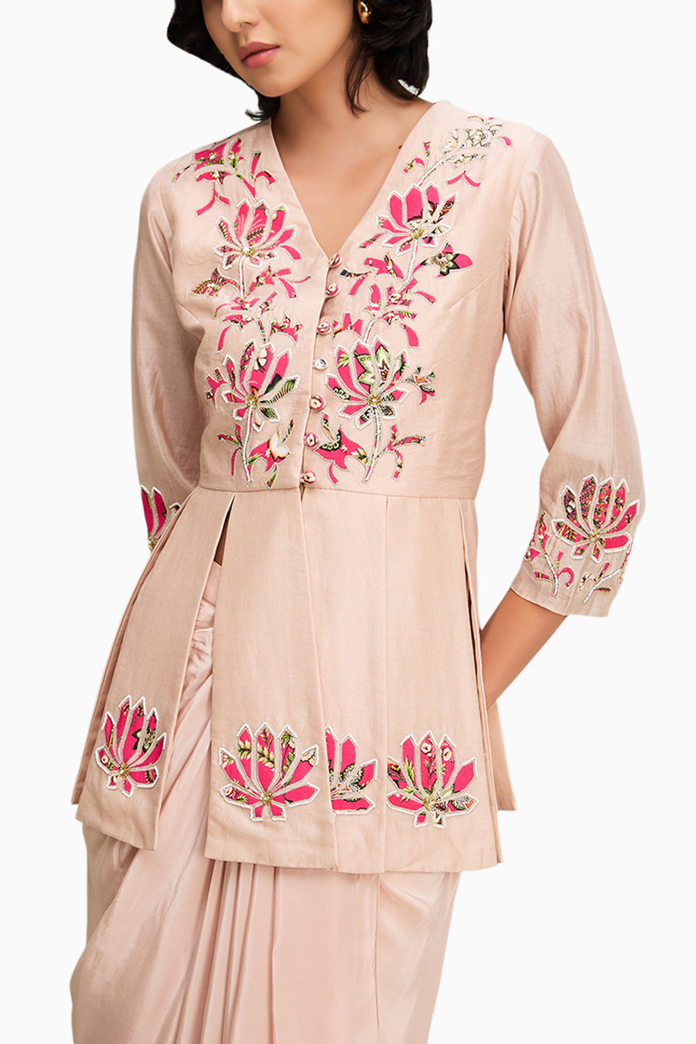 Pink Mehr Appliqué Paneled Top With Drape Skirt