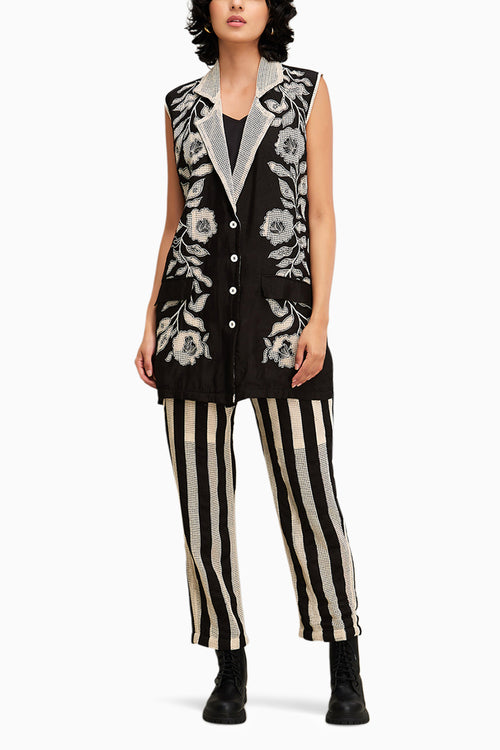 Off White and Black Zinnia Applique Blazer Set