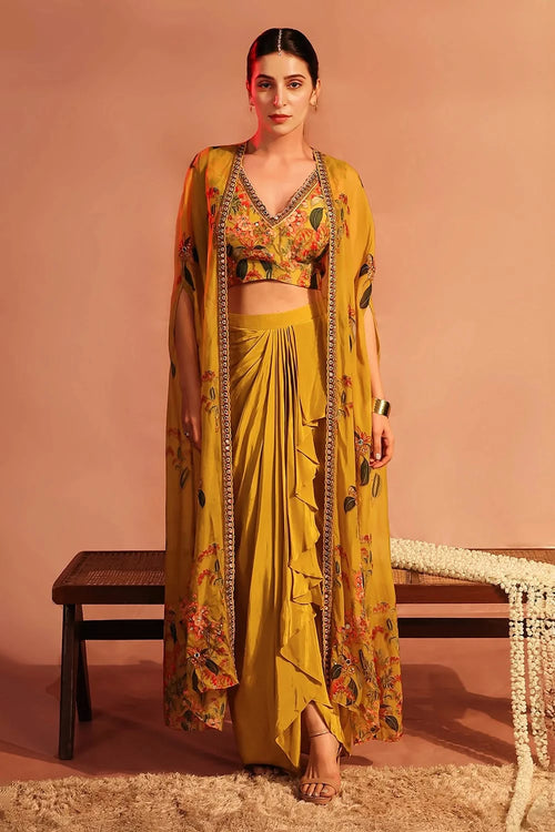 Tamaya Embellished Drape Skirt Set With Cape