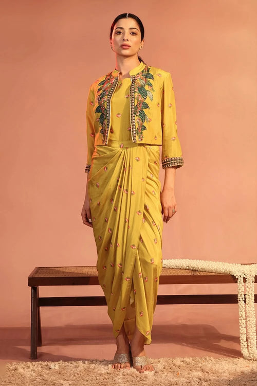 Tamaya Embroidered Yellow Drape Dress With Jacket
