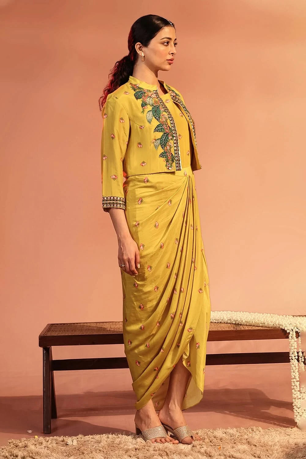 Tamaya Embroidered Yellow Drape Dress With Jacket