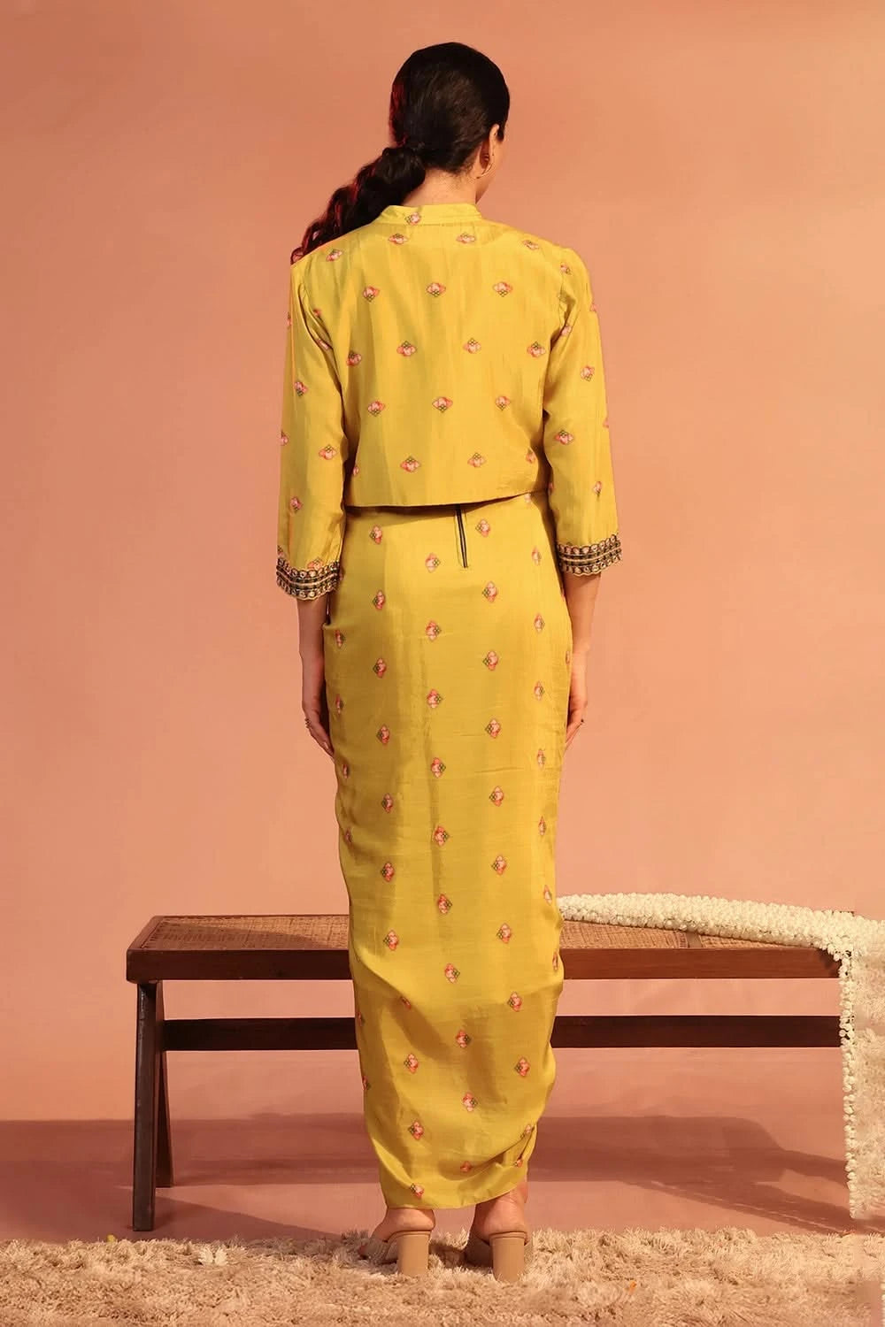 Tamaya Embroidered Yellow Drape Dress With Jacket