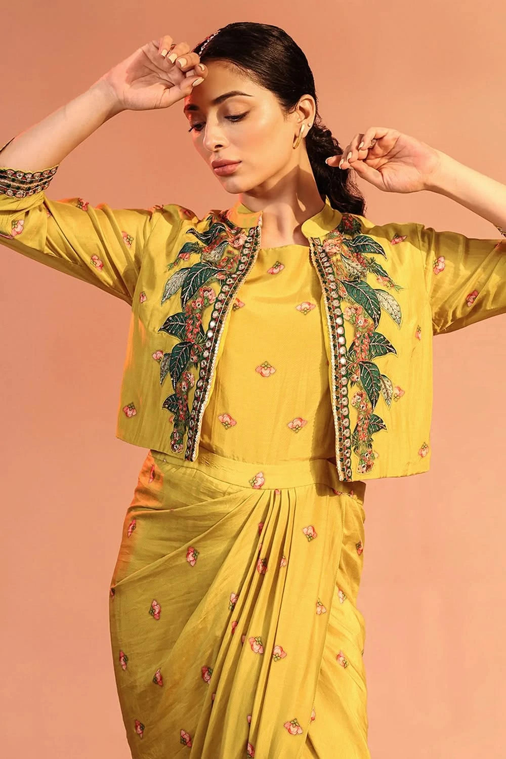 Tamaya Embroidered Yellow Drape Dress With Jacket