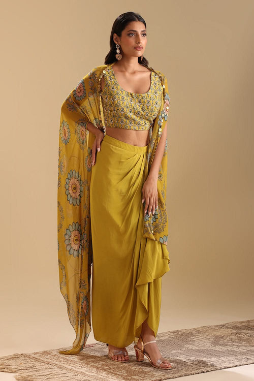 Eraya Emblished Drape Skirt Set With Cape