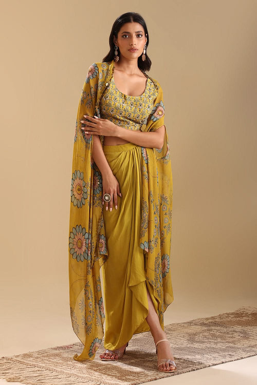 Eraya Emblished Drape Skirt Set With Cape