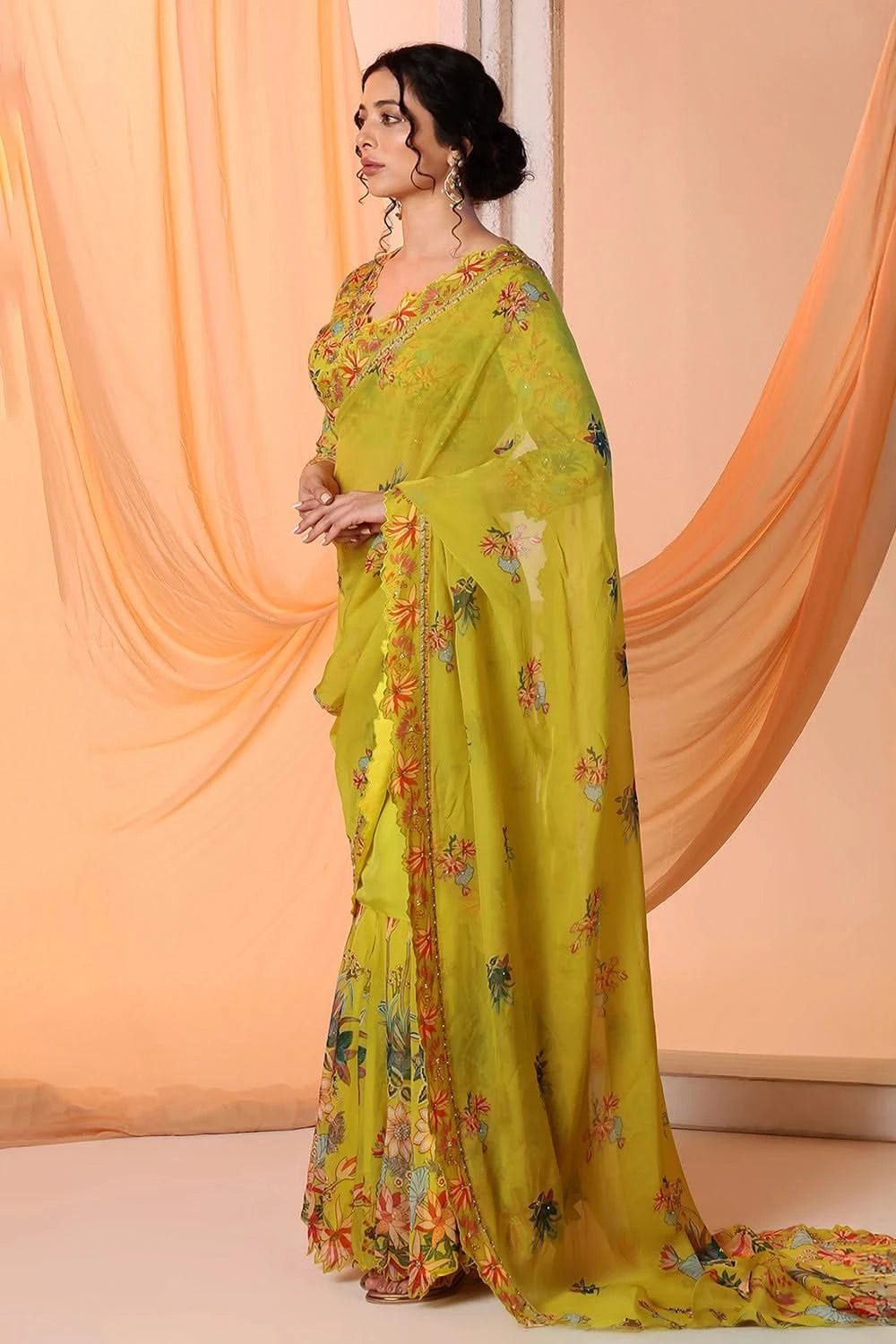 Aarani Embroidered Yellow Pre-Stitch Saree Set