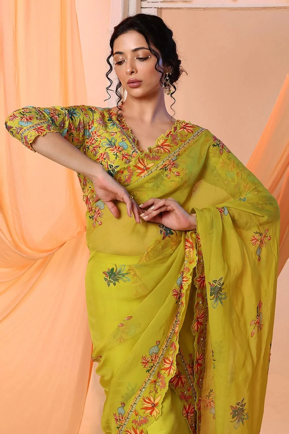 Aarani Embroidered Yellow Pre-Stitch Saree Set