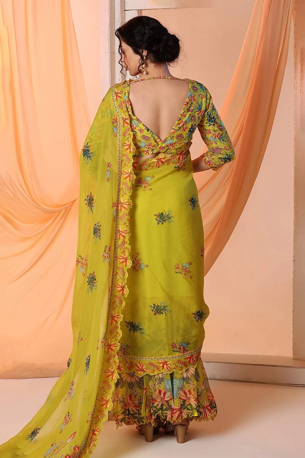 Aarani Embroidered Yellow Pre-Stitch Saree Set