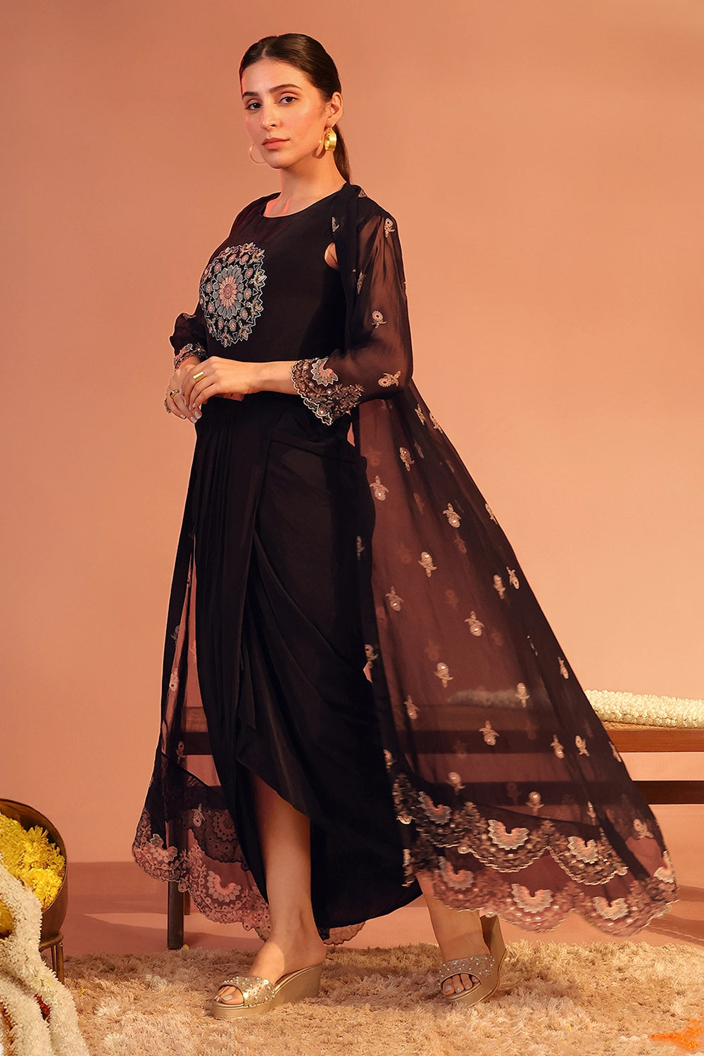 Eraya Embellished Black Drape Dress Set