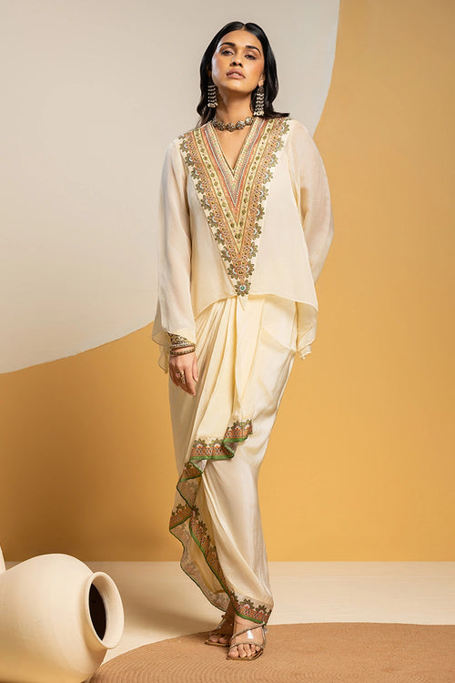 Taarani Embellished V-Neck Drape Skirt Set