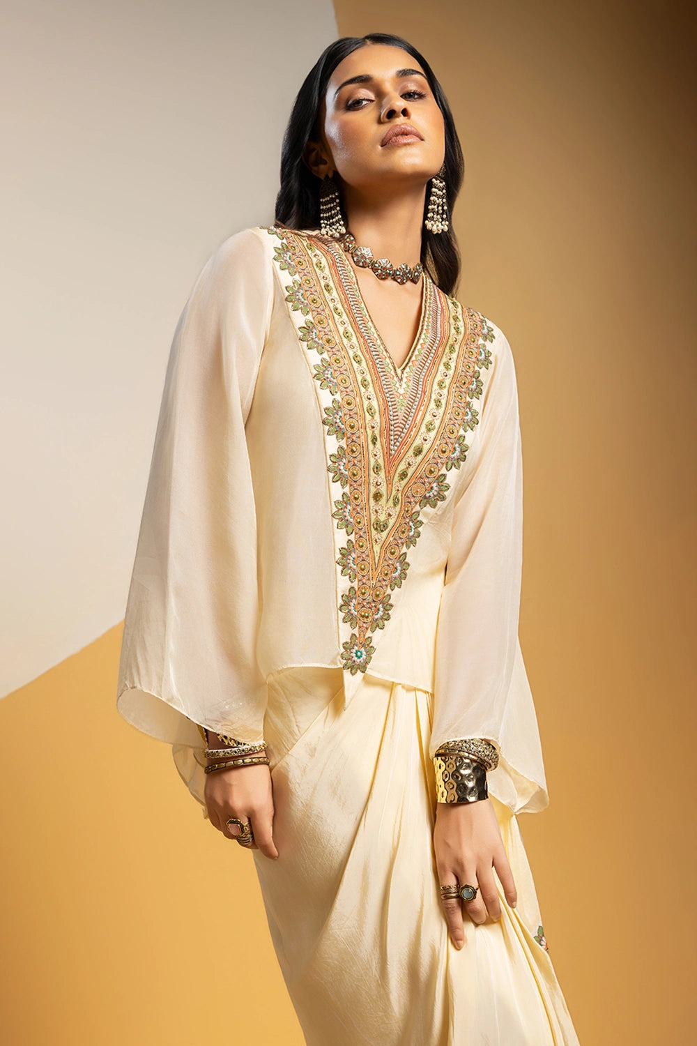 Taarani Embellished V-Neck Drape Skirt Set