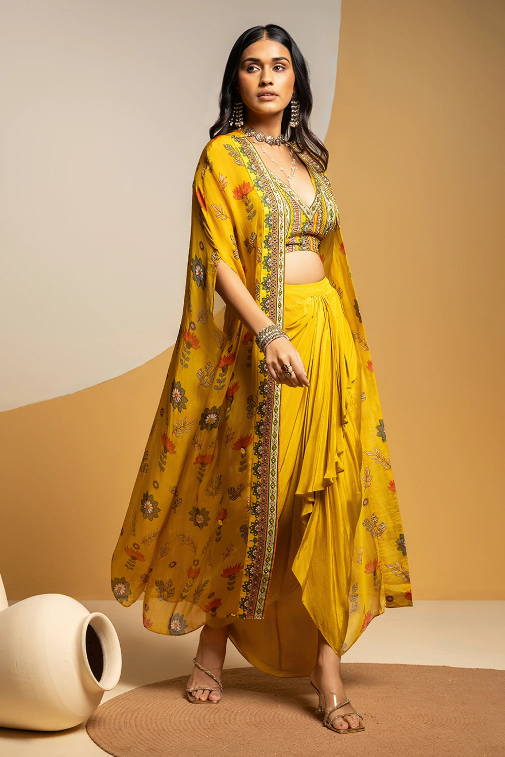 Taarani Embellished Drape Skirt Set with Long Cape