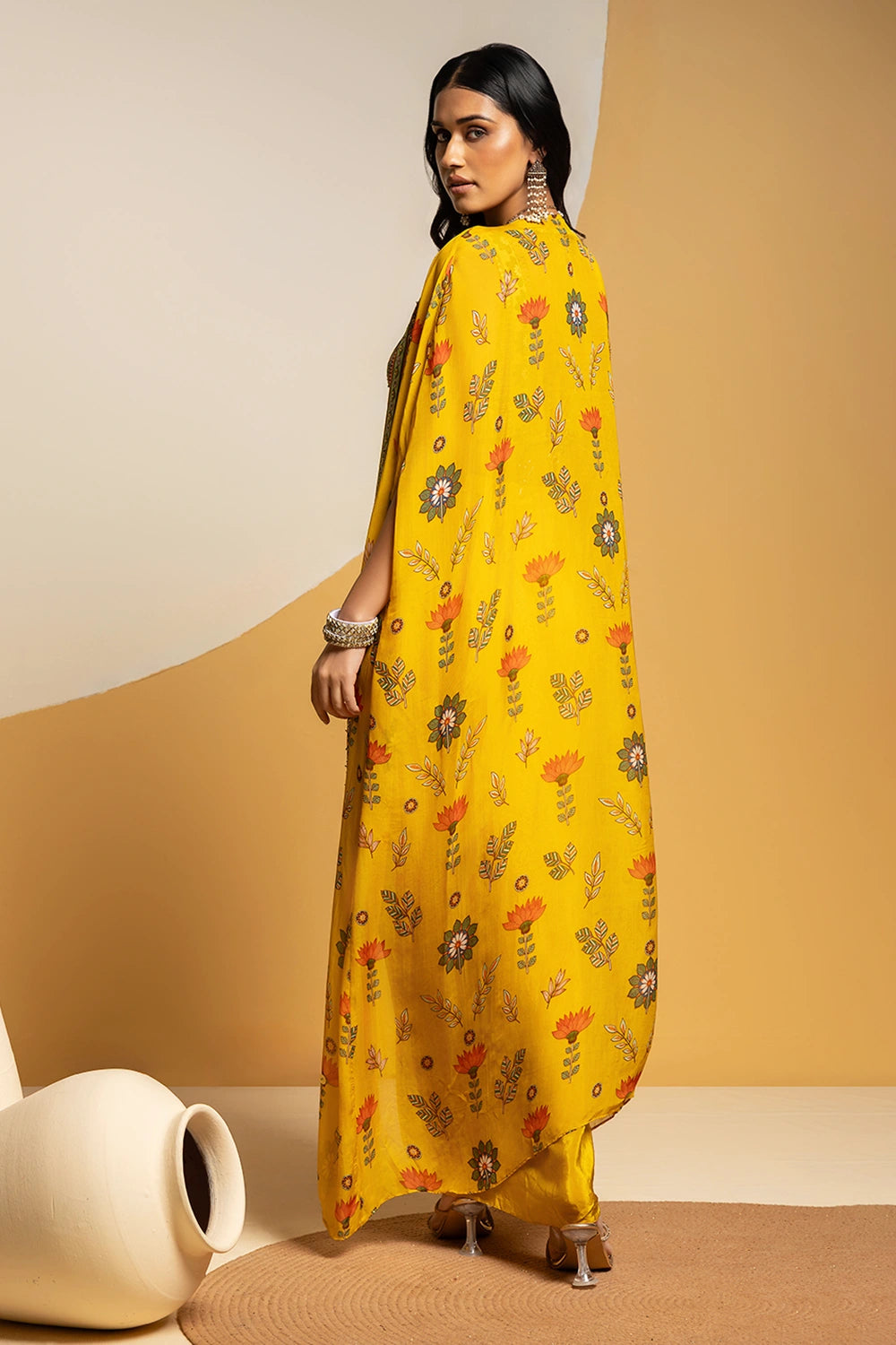 Taarani Embellished Drape Skirt Set with Long Cape