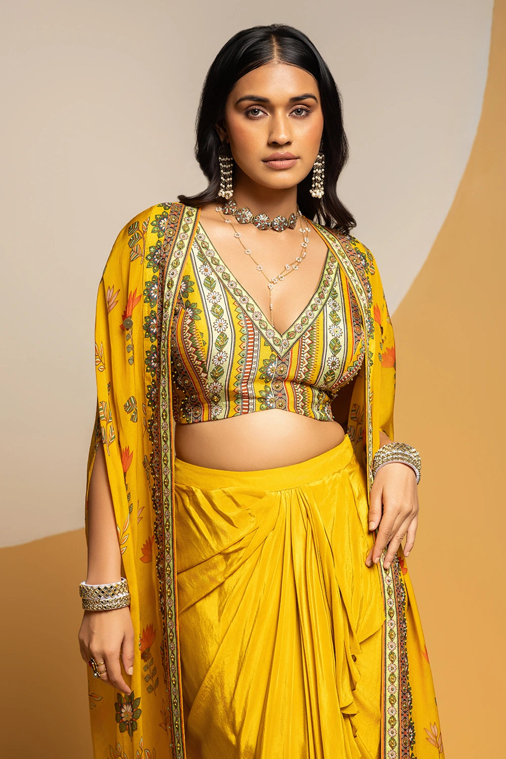 Taarani Embellished Drape Skirt Set with Long Cape