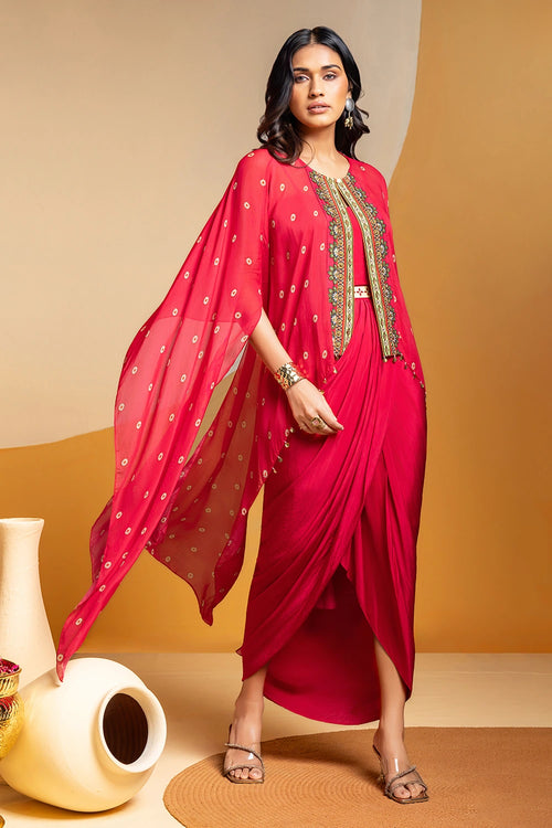 Taarani Drape Dress with Embroidered Cape