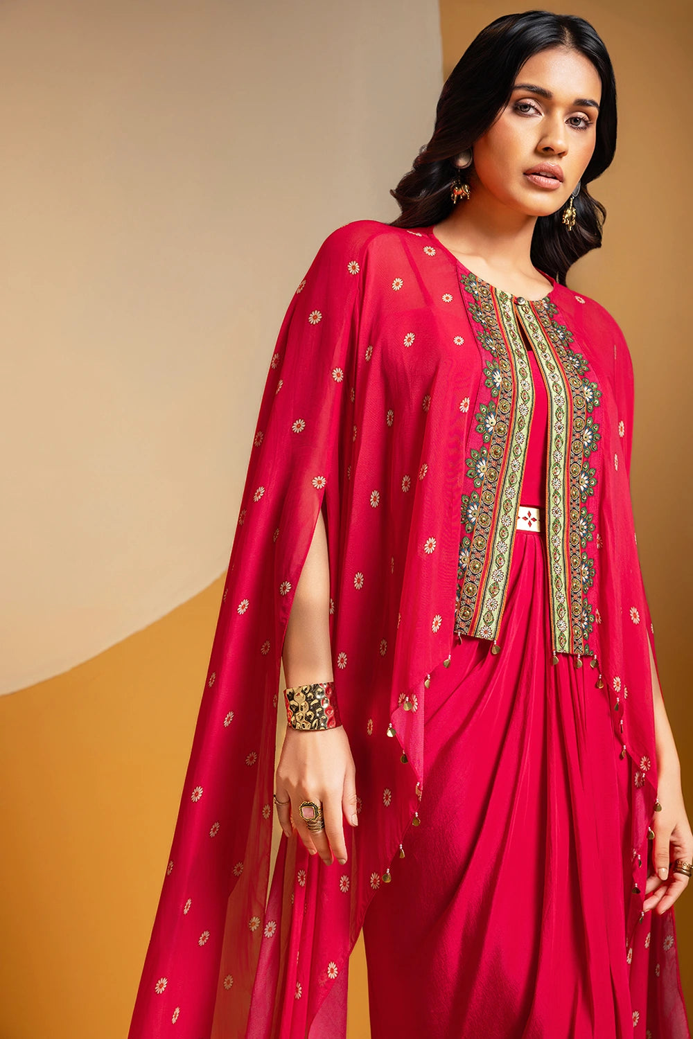 Taarani Drape Dress with Embroidered Cape