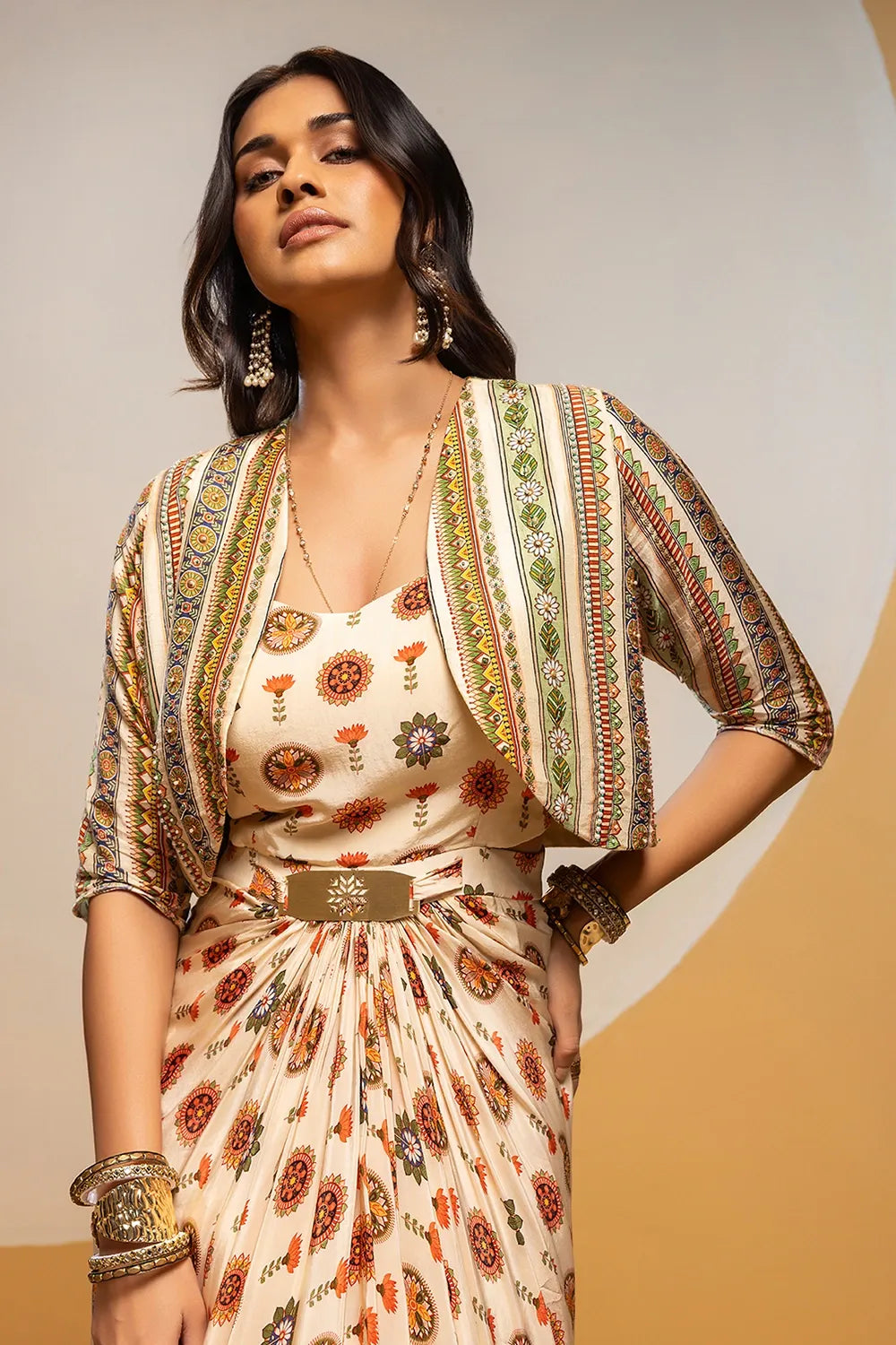 Taarani Embellished Long Drape Dress Set