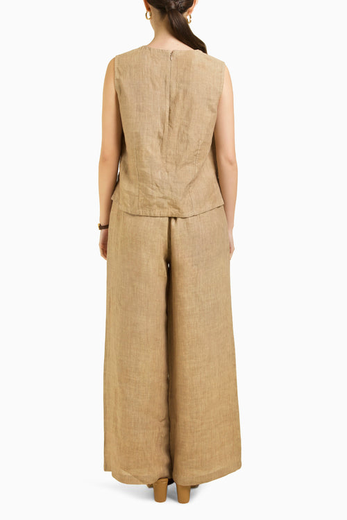Linen Printed Jacket with Top and Flared Pant