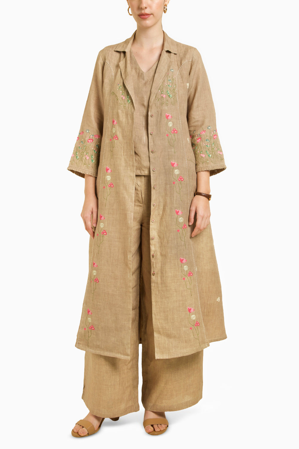 Linen Printed Jacket with Top and Flared Pant