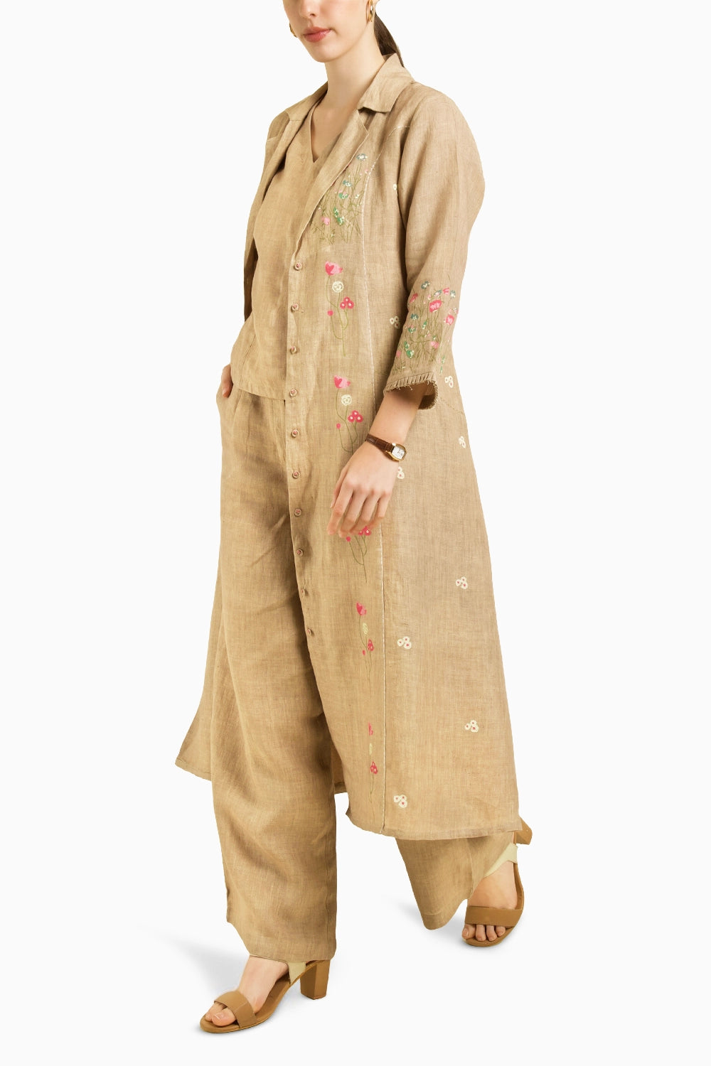 Linen Printed Jacket with Top and Flared Pant