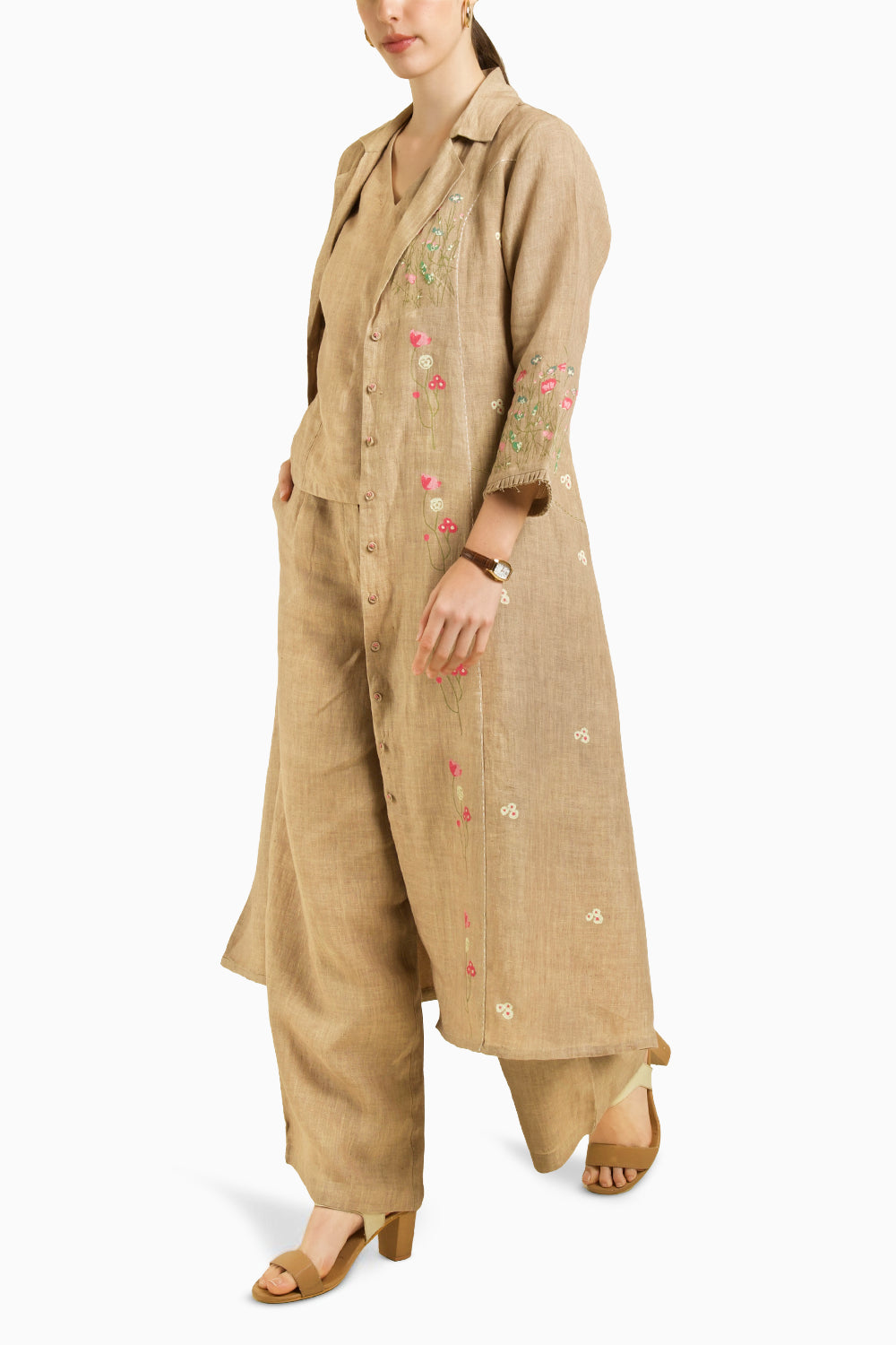 Linen Printed Jacket with Top and Flared Pant