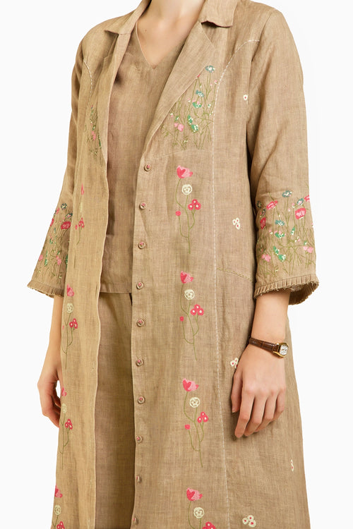 Linen Printed Jacket with Top and Flared Pant