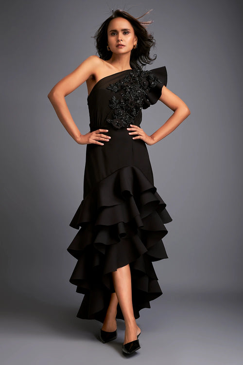 One-shoulder Swarovski Tiered Ruffle Dress
