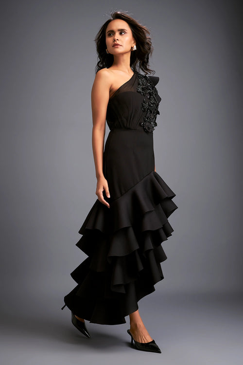 One-shoulder Swarovski Tiered Ruffle Dress