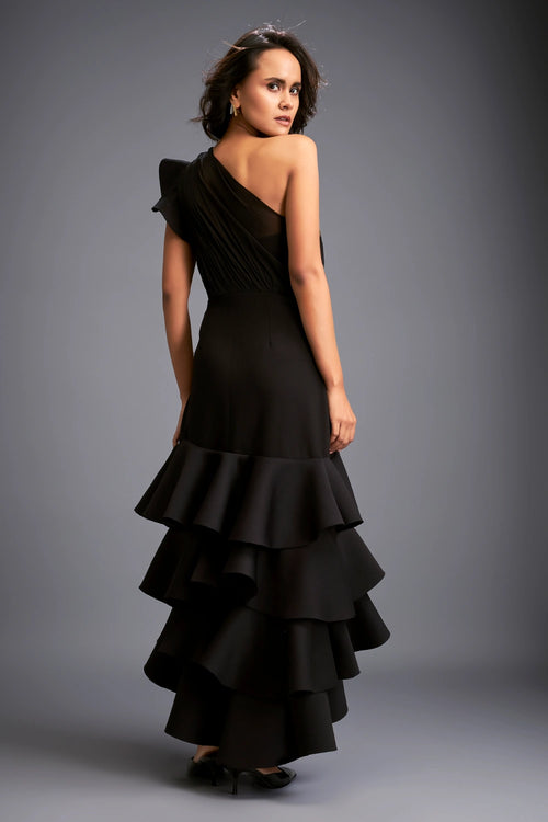 One-shoulder Swarovski Tiered Ruffle Dress
