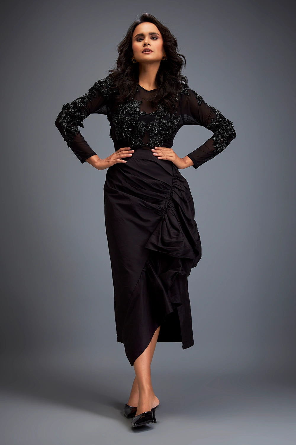 Black Sheer Bodice And Structured Asymmetrical Skirt