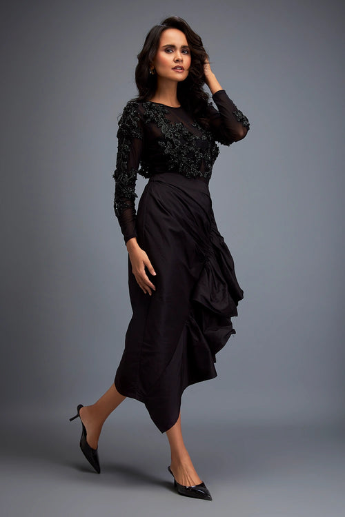 Black Sheer Bodice And Structured Asymmetrical Skirt