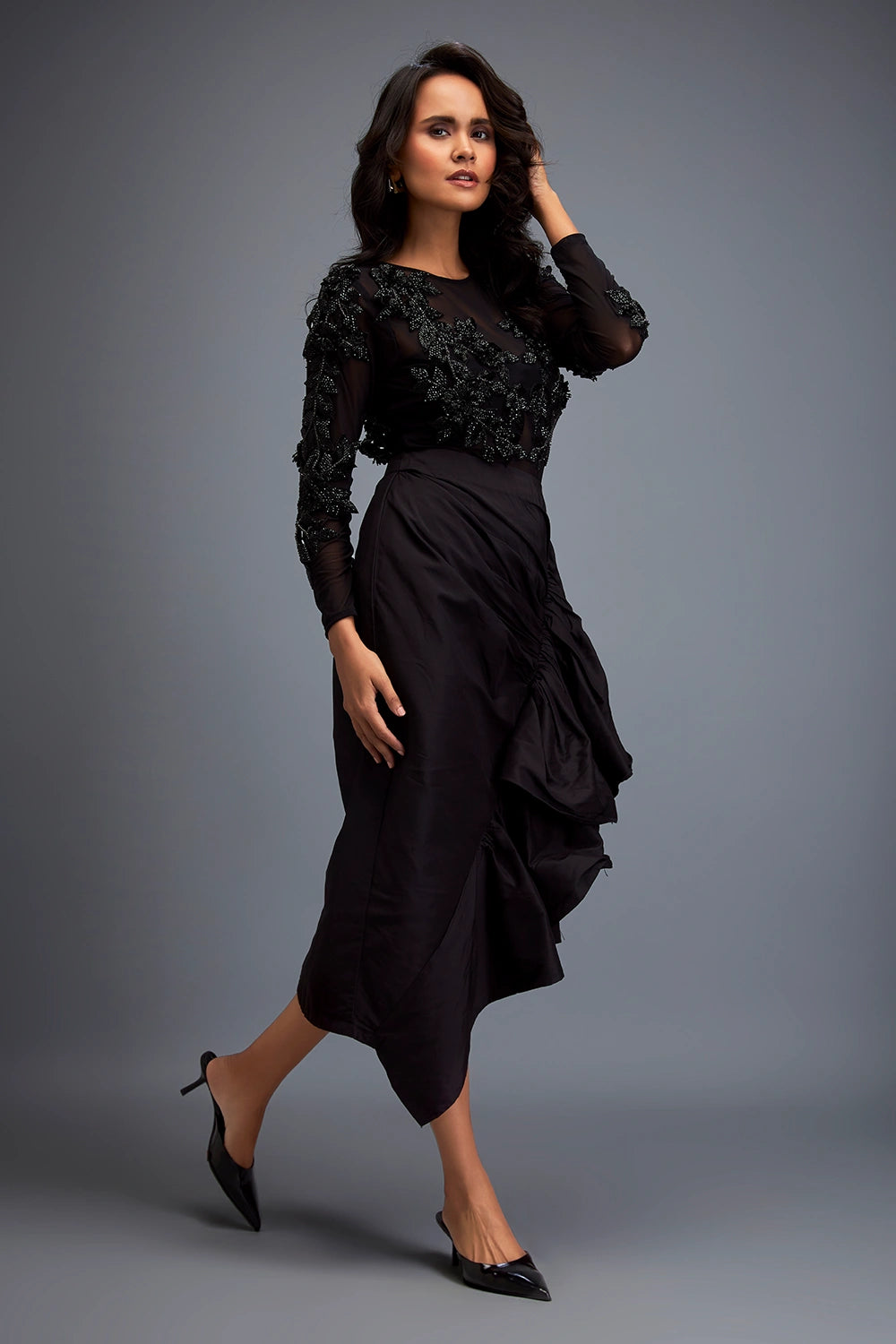 Black Sheer Bodice And Structured Asymmetrical Skirt