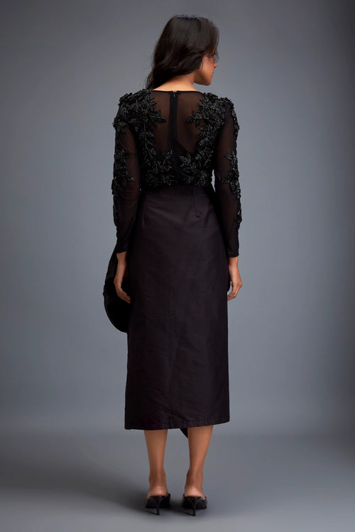 Black Sheer Bodice And Structured Asymmetrical Skirt