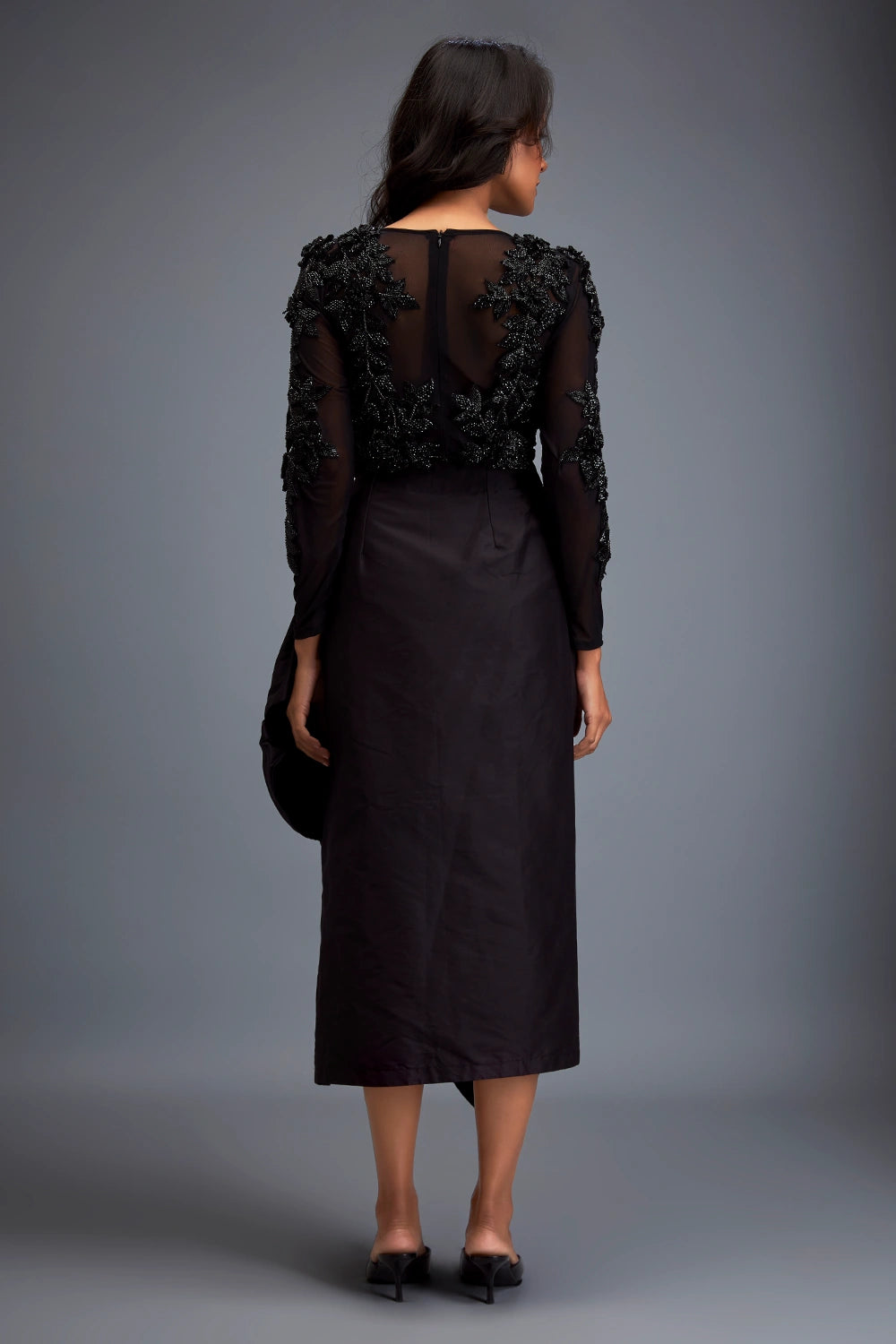 Black Sheer Bodice And Structured Asymmetrical Skirt