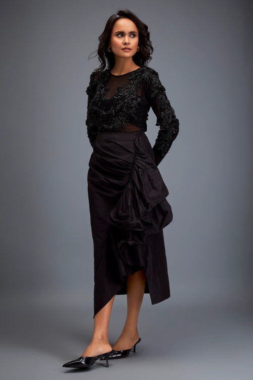 Black Sheer Bodice And Structured Asymmetrical Skirt
