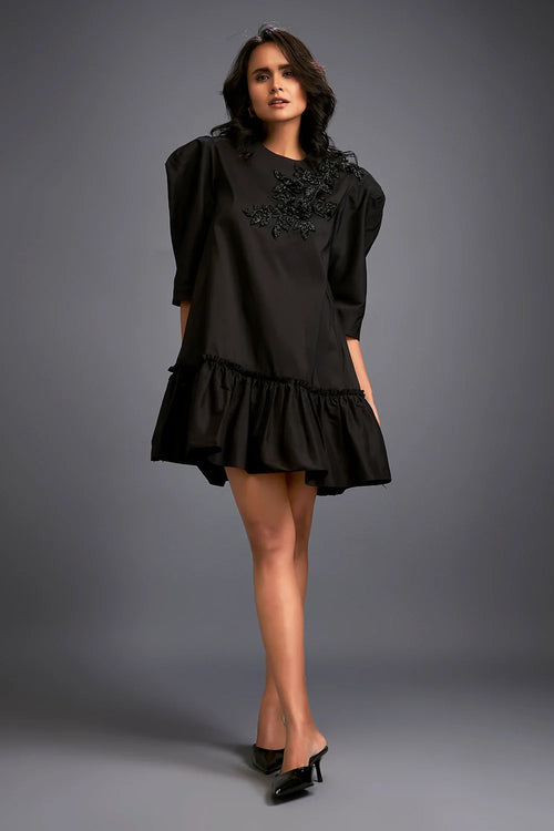 Black White Swarovski Puffed Sleeves Dress